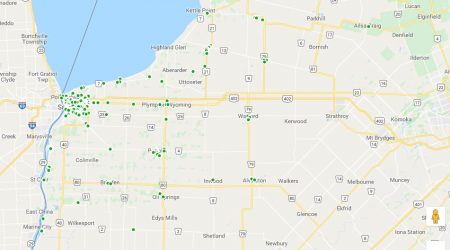 A map of Lambton County that displays all the points of restaurant inspections.