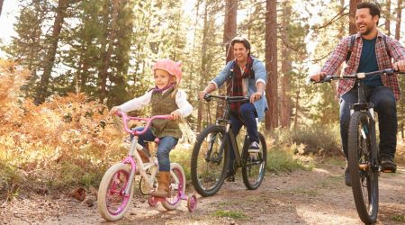 A family riding bicycles on a forest path.