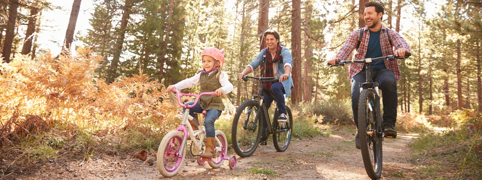 A family riding bicycles on a forest path.