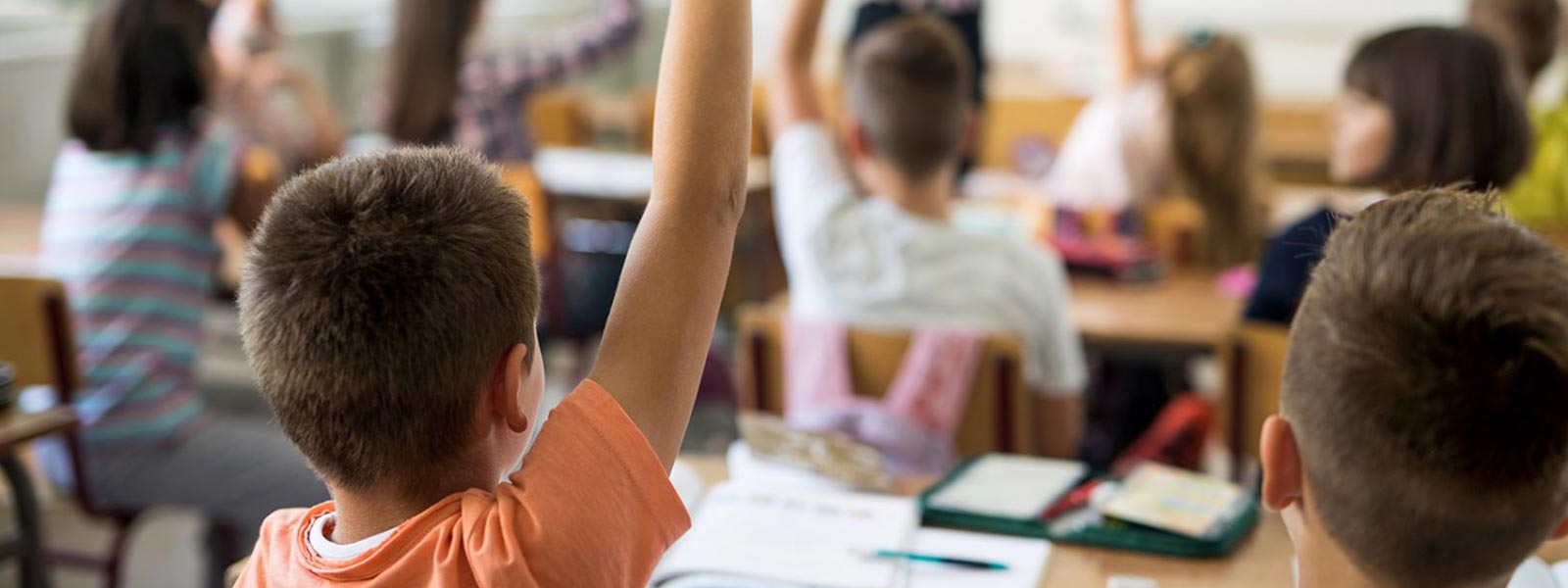 Children raise their hands in a classroom