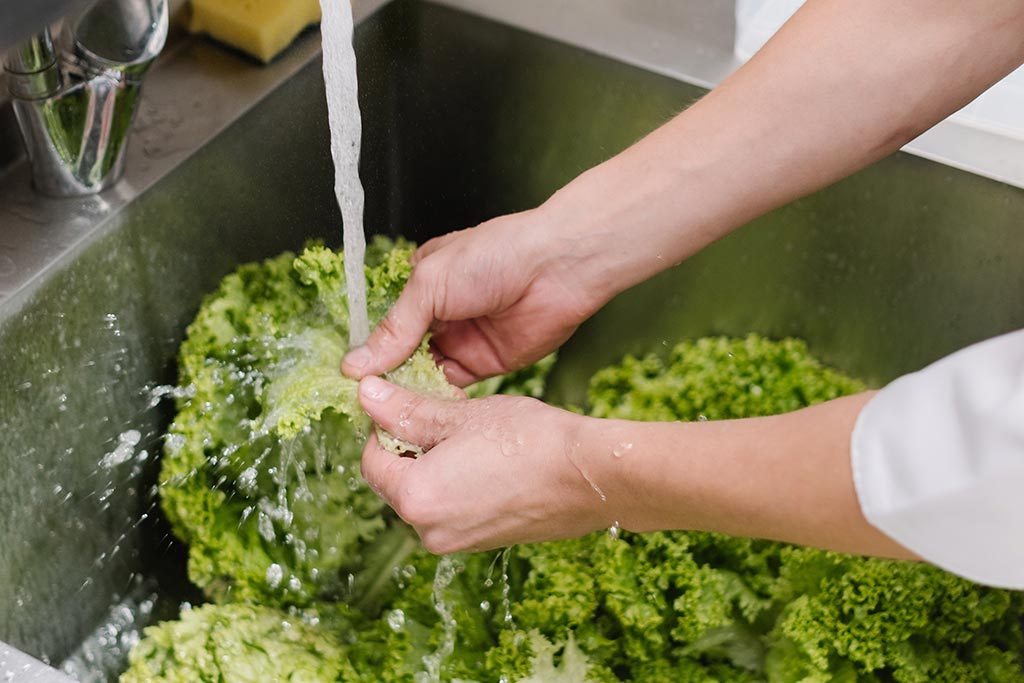Kitchen worker washes vegetables in sink