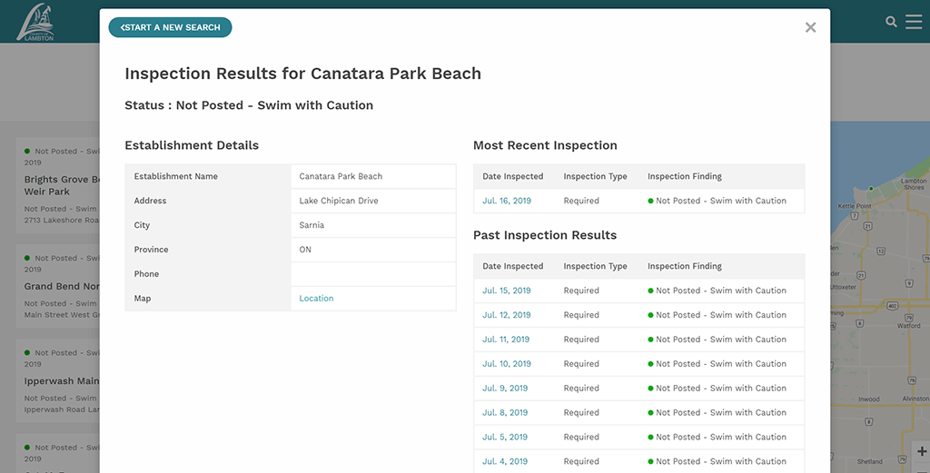 Inspection results for Canatara Park Beach.