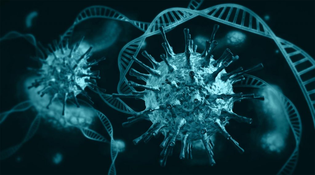 A computer rendering of a coronavirus and DNA.