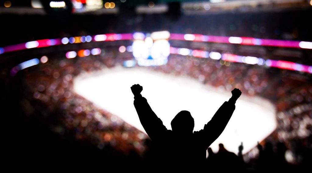 A crowd cheering at a hockey arena.