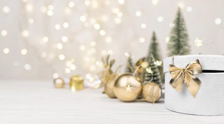 Christmas ornaments and a present.