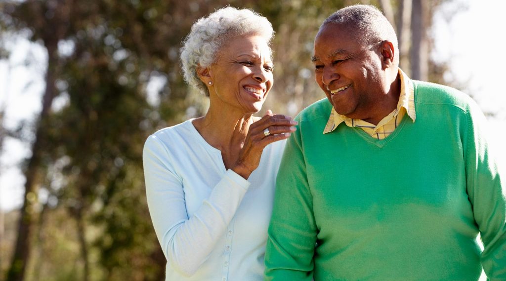 A senior couple walking.